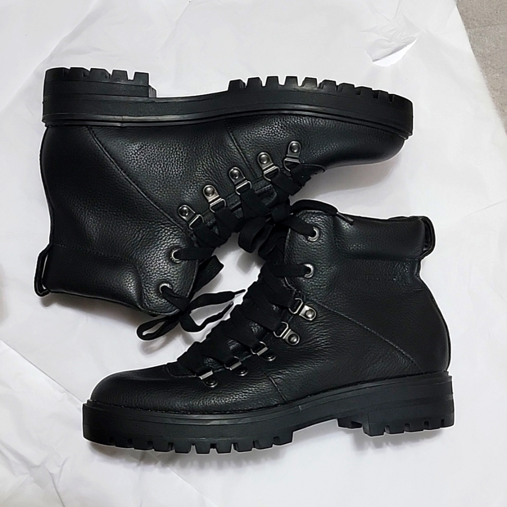 New Cougar Nash Boots Leather Hiking Weatherproof Black Lace Pebbled Lug Sole - Picture 3 of 5